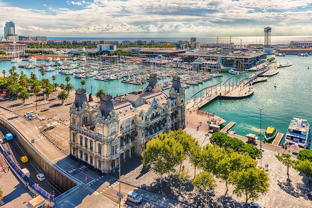 Aerial view of Port Vell, Barcelona, Catalonia, Spain