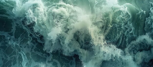 Aerial View of Powerful Ocean Waves Crashing and Creating White Foam in Turbulent Sea