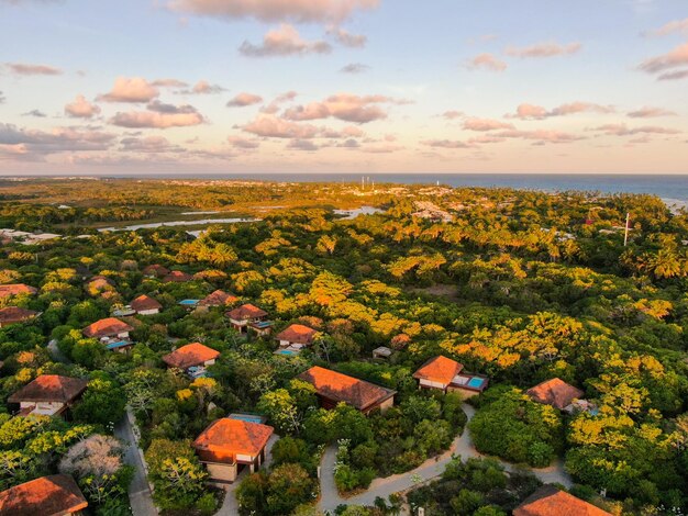 Aerial view of Praia de Forte coastline during sunset Brazil