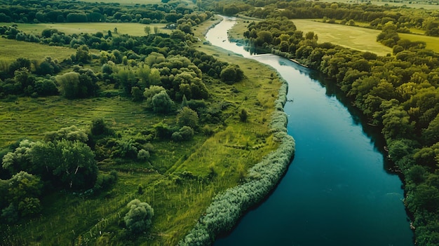 Aerial View of Pristine Wild River Landscape in Isolated White Background