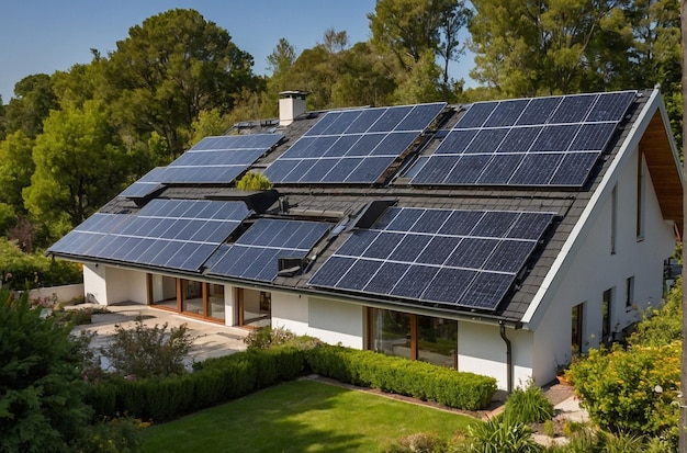 Aerial view of a private house with solar panels on the roof