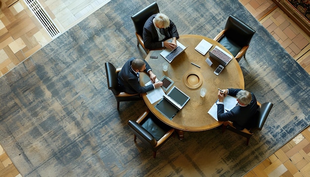 Photo aerial view of a professional meeting with four individuals around a round table