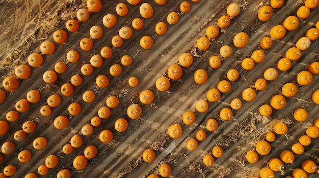 Photo an aerial view of a pumpkin farm during harvest season