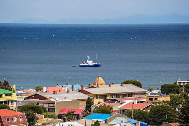 Aerial view of the Punta Arenas town with Strait of Magellan on background (Mirador Cerro De La Cru