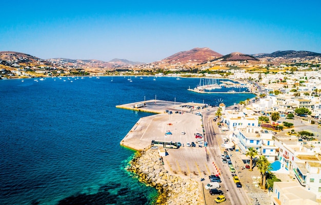 Aerial view of the quay and shoreline on Paros islans