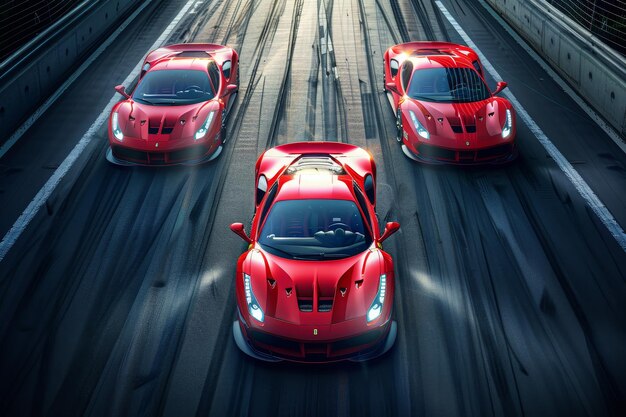 Aerial view of race track with cars competing for the lead in thrilling battle for first place