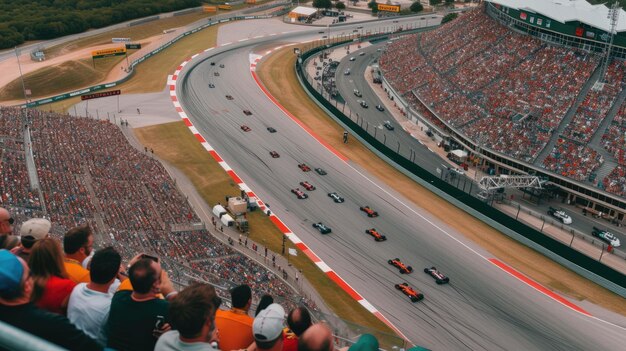 Photo aerial view of racing car driving car at race track with smart spectator aig