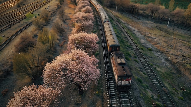 Aerial view of railroad transportation by train on track in mountain landscape