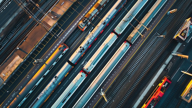 Aerial view of a railway station with multiple trains lined up