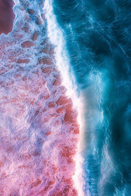 An aerial view of rainbow colored sea waves gently crashing on the shore in a vibrant gradient