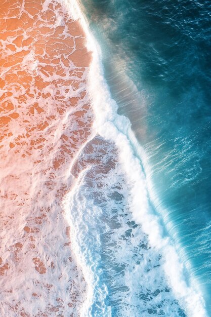 An aerial view of rainbow colored sea waves gently crashing on the shore in a vibrant gradient