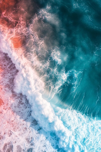 An aerial view of rainbow colored sea waves gently crashing on the shore in a vibrant gradient