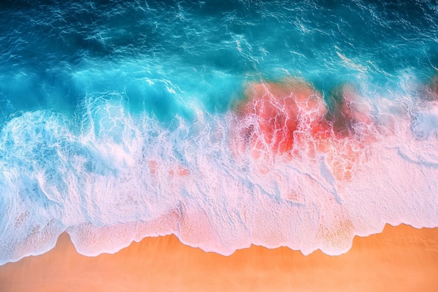 An aerial view of rainbow colored sea waves gently crashing on the shore in a vibrant gradient