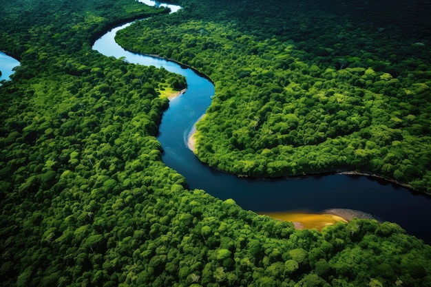 Aerial View Of The Rainforest Jungle With River