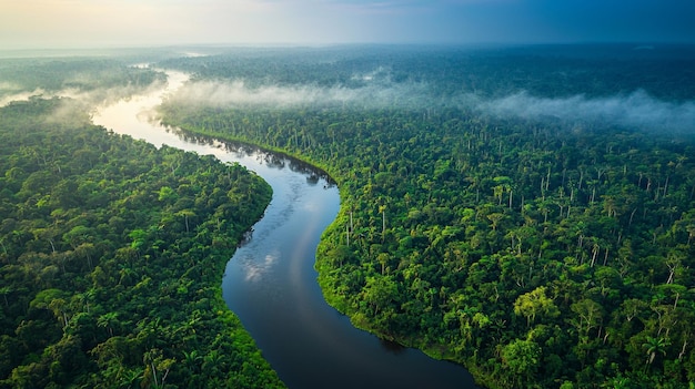 Aerial View of Rainforest River with Fog and Lush Green Canopy