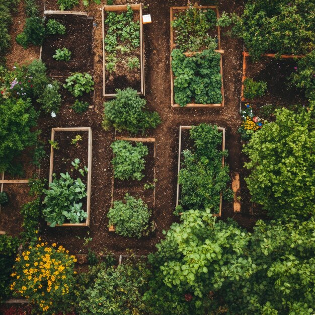 Photo aerial view of a rectangular garden plot with various green plants