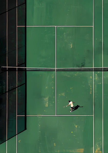 Photo aerial view of a rectangular tennis court with a building in the background