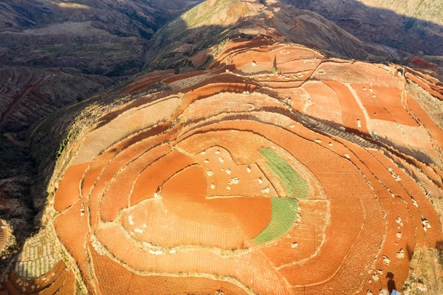 Photo aerial view of red land texture background in dongchuan district kunming yunnan province china