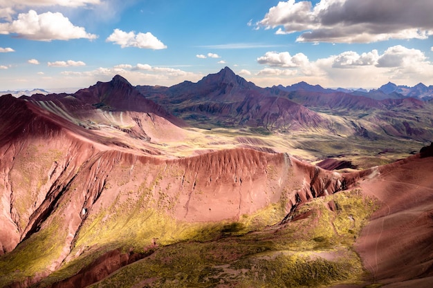 Aerial view of the Red Valley near the Vinicunca Rainbow Mountain in the Andes of Peru