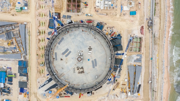 Aerial view refinery oil tanks construction site