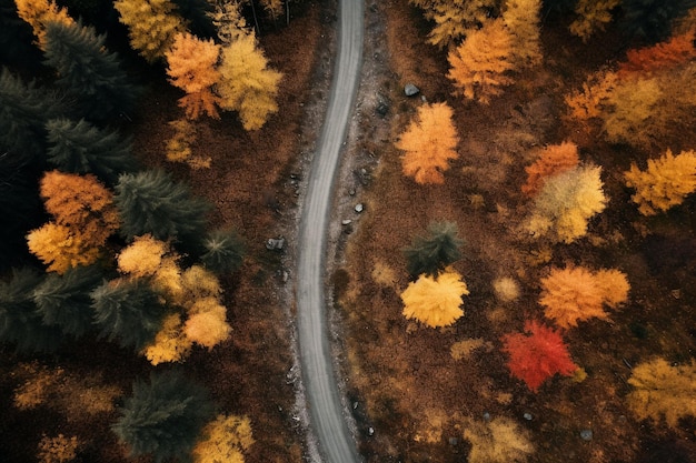 Aerial view of remote autumn forest road