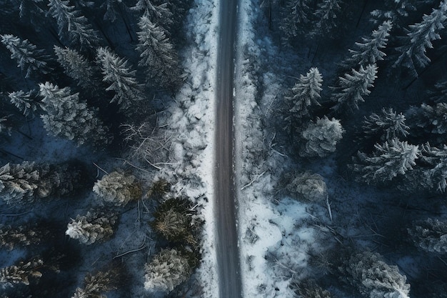 Aerial view of remote winter forest road