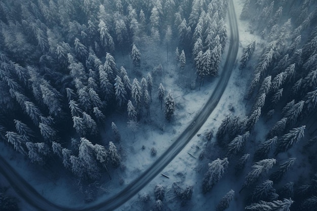 Aerial view of remote winter forest road