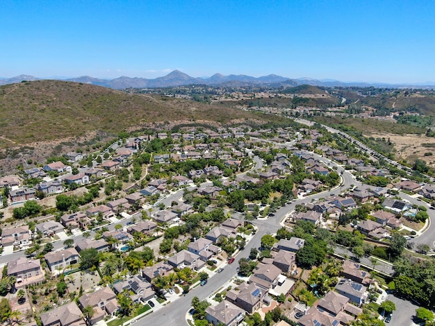 Aerial view of residential modern subdivision luxury house in South California