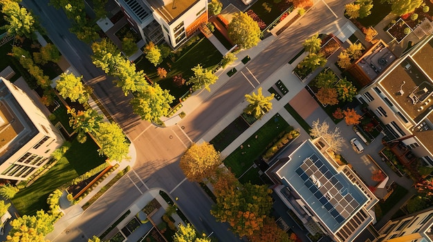 Aerial View of a Residential Neighborhood in Autumn