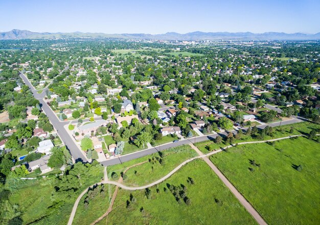 Aerial view of residential neighborhood in Lakewood, Colorado.