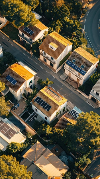 Aerial view of residential neighborhood with six houses featuring white exteriors and solar panels