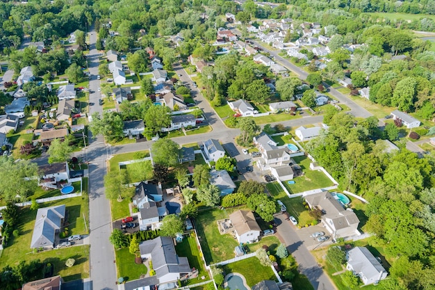 Aerial view of the residential Sayreville town area of beautiful suburb of dwelling home road from 