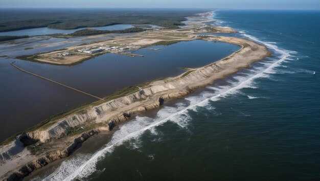 Aerial view reveals coastal area impacted by severe erosion and changing waterways