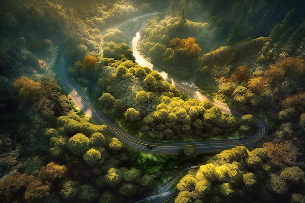 The aerial view reveals the hidden secrets of the forest with the road providing a unique perspective of the verdant canopy shimmering streams and wildlife that call it home