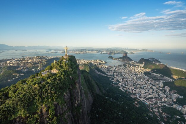 Aerial view of Rio skyline with Corcovado Mountain Sugarloaf Mountain and Guanabara Bay Rio de Janeiro Brazil