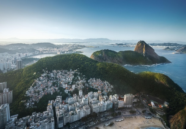 Aerial view of Rio with Sugarloaf Mountain and Leme beach Rio de Janeiro Brazil