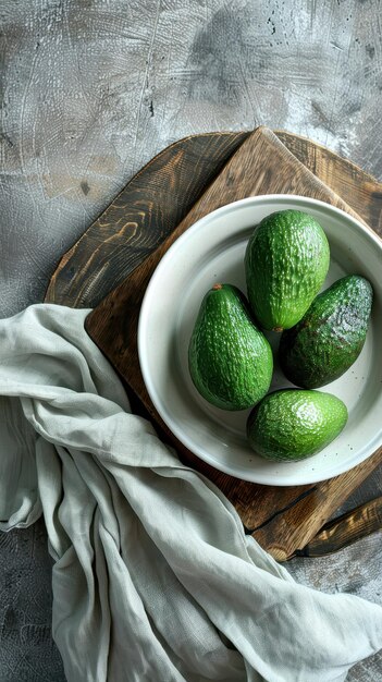 Photo aerial view of ripe avocados on a white dish with a wood board and cloth