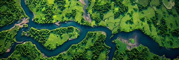 Aerial view of a river delta with lush green vegetation and winding waterways