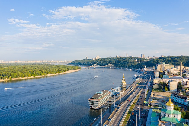 Aerial view of the river Dnieper, Kiev hills and the city of Kiev near the pedestrian bridge, Ukraine