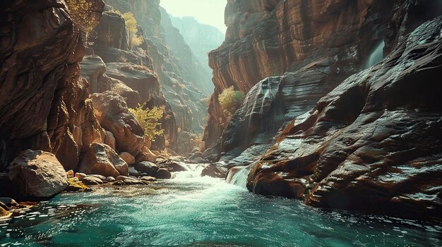 Aerial View of River Flowing Through Canyon