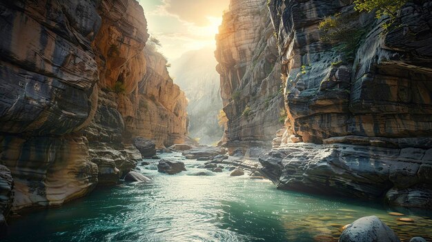 Aerial View of River Flowing Through Canyon