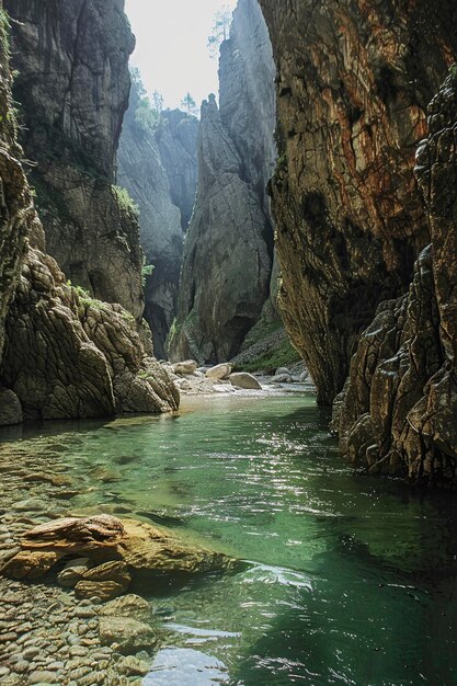 Aerial View of River Flowing Through Canyon