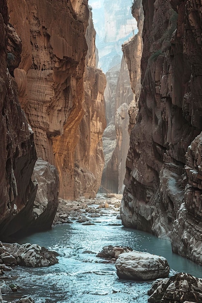 Aerial View of River Flowing Through Canyon