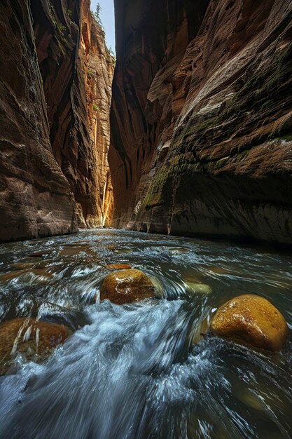 Aerial View of River Flowing Through Canyon