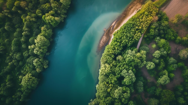 An aerial view of a river flowing through a lush green forest The water is a deep blue color and the trees are a vibrant shade of green