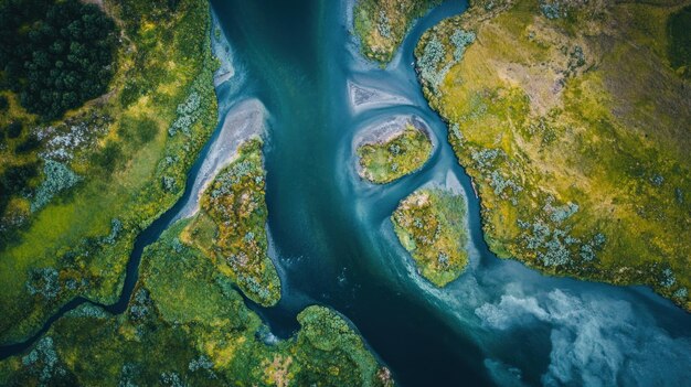 Photo aerial view of a river flowing through a lush green landscape