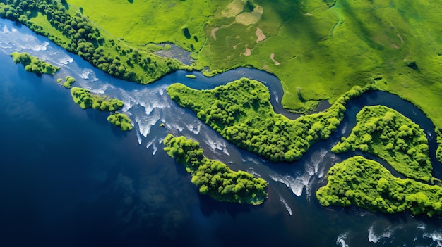 Aerial view of the river in green field