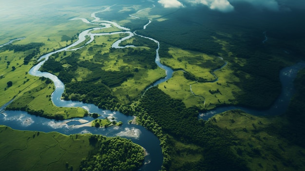 Aerial view of the river in green field