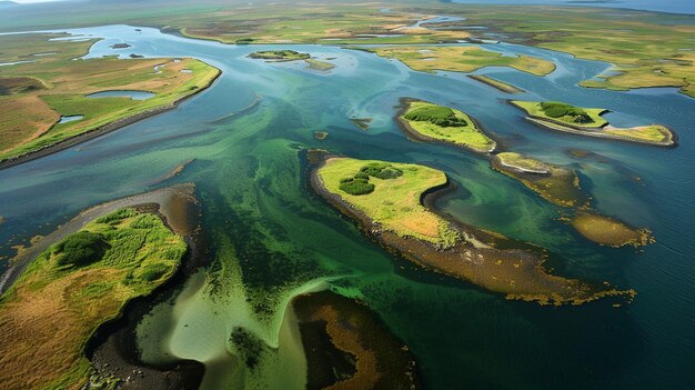 Photo an aerial view of a river and green islands