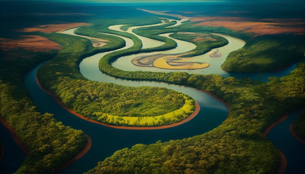 Aerial view of the river in the middle of the forestgenerative ai